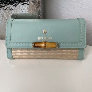 Spartina 449 Seafoam PU & Straw Bamboo Turnlock Tri-Fold Wallet Coastal Chic